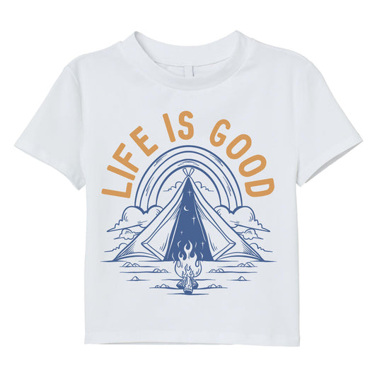 Life Is Good Camping T-Shirt – Minimalist Outdoor Tee, Tent Campfire Shirt, 100% Cotton Adventure Gift
