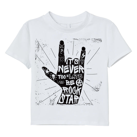 Never Too Late Rockstar T-Shirt – Rock Hand Sign Tee, Punk Style Quote Shirt, 100% Cotton DTF Printed
