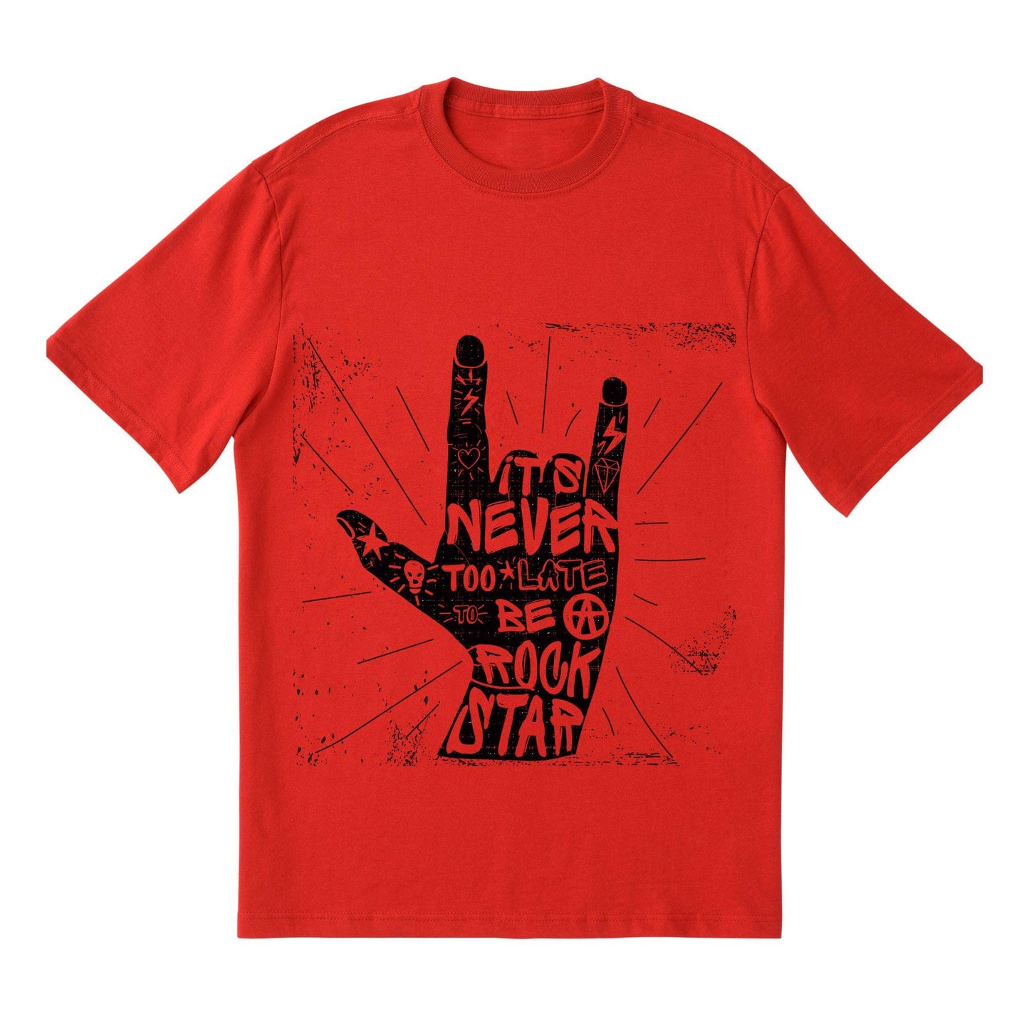 Never Too Late Rockstar T-Shirt – Rock Hand Sign Tee, Punk Style Quote Shirt, 100% Cotton DTF Printed
