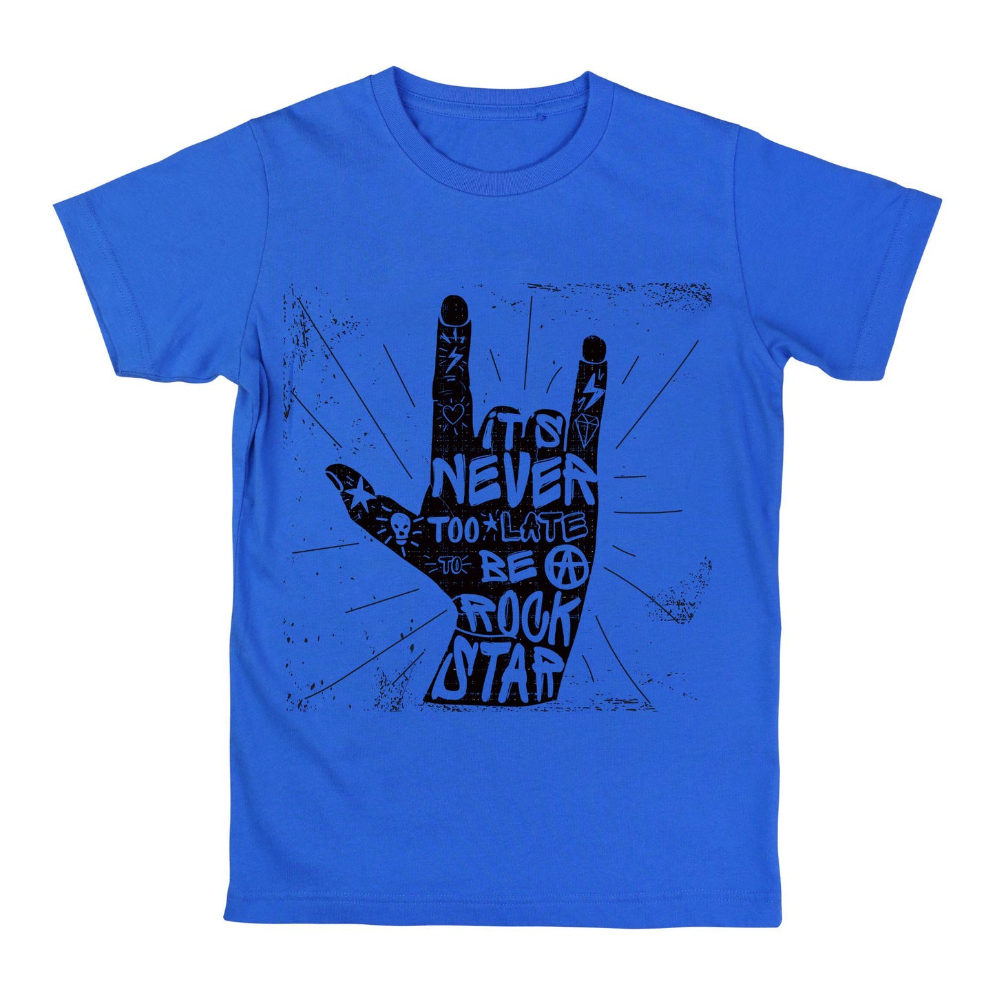 Never Too Late Rockstar T-Shirt – Rock Hand Sign Tee, Punk Style Quote Shirt, 100% Cotton DTF Printed