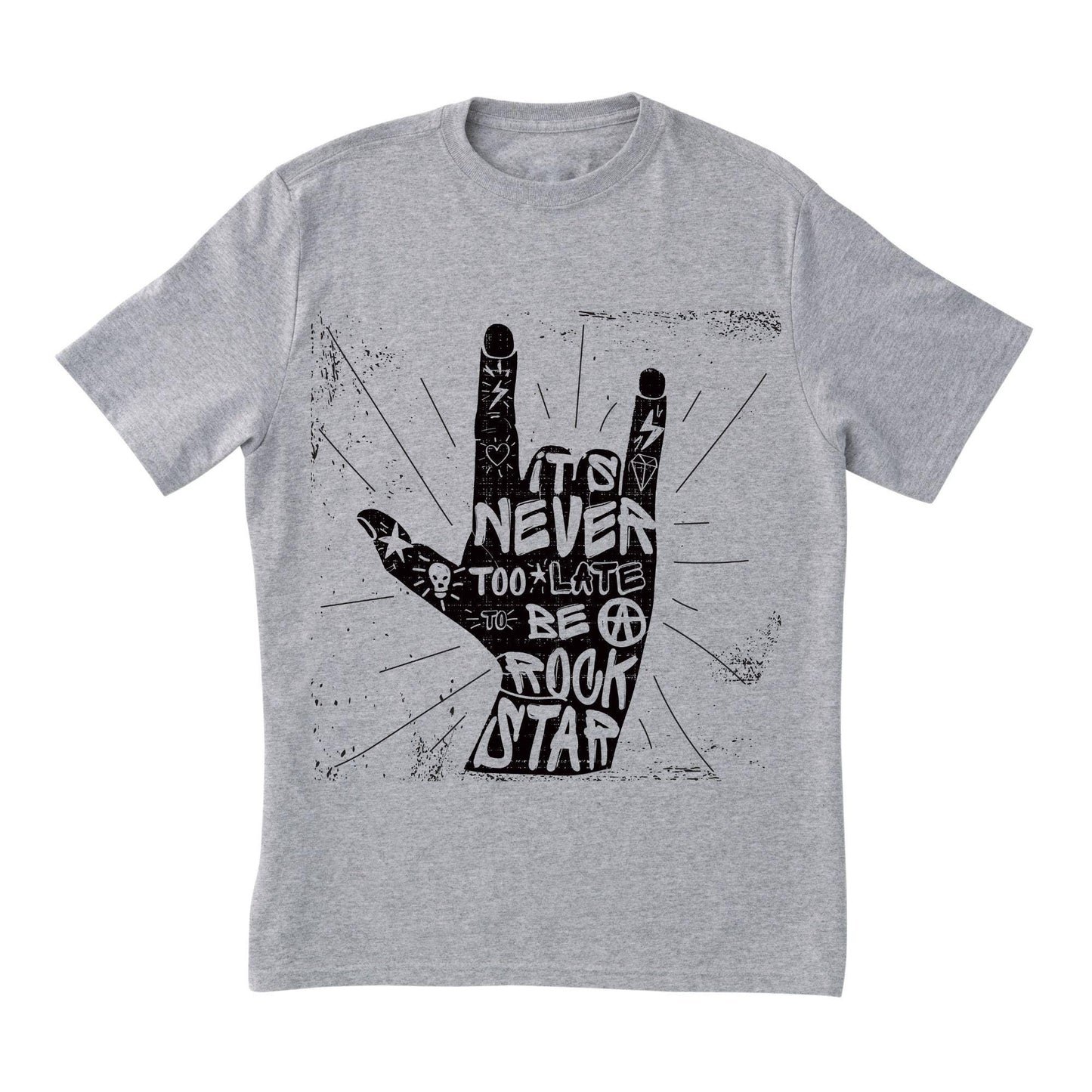 Never Too Late Rockstar T-Shirt – Rock Hand Sign Tee, Punk Style Quote Shirt, 100% Cotton DTF Printed