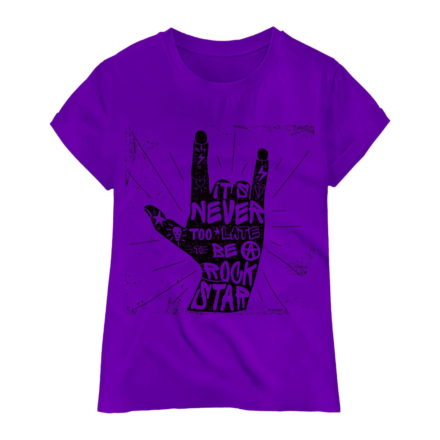 Never Too Late Rockstar T-Shirt – Rock Hand Sign Tee, Punk Style Quote Shirt, 100% Cotton DTF Printed