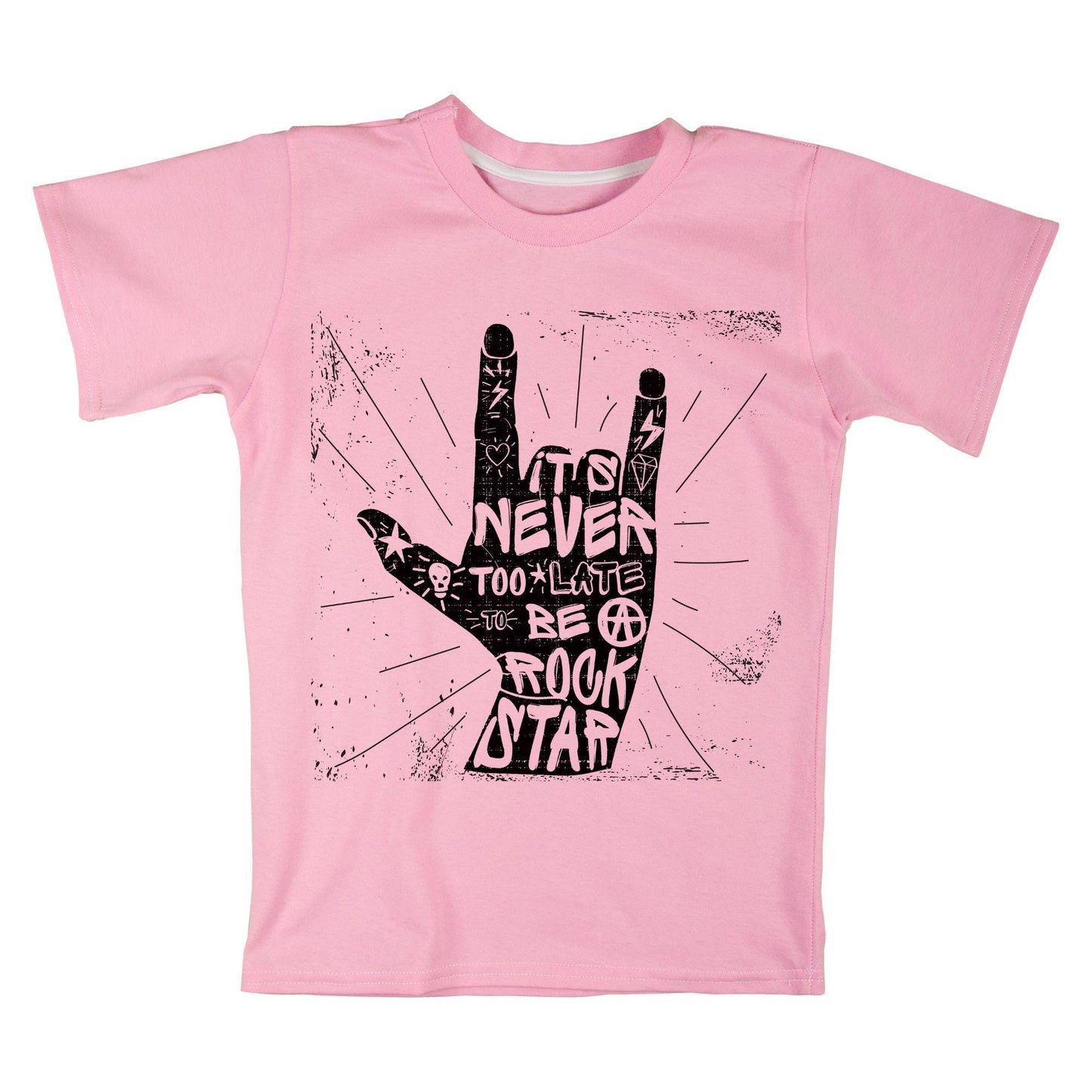Never Too Late Rockstar T-Shirt – Rock Hand Sign Tee, Punk Style Quote Shirt, 100% Cotton DTF Printed