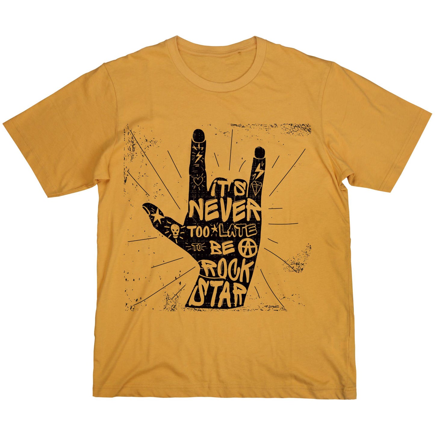 Never Too Late Rockstar T-Shirt – Rock Hand Sign Tee, Punk Style Quote Shirt, 100% Cotton DTF Printed