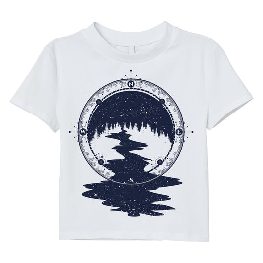 Wilderness Compass T-Shirt – Outdoor Adventure Tee with Forest and River Design, 100% Cotton DTF Printed Shirt