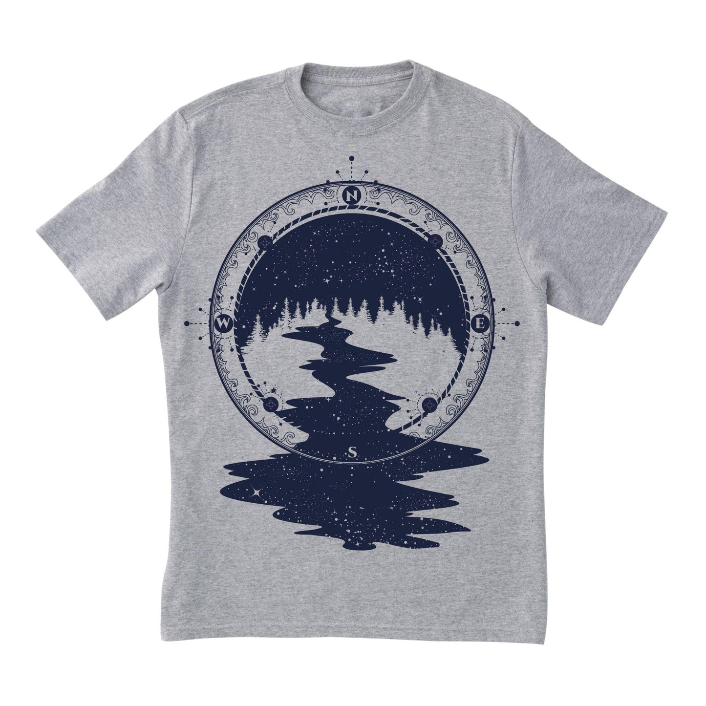 Wilderness Compass T-Shirt – Outdoor Adventure Tee with Forest and River Design, 100% Cotton DTF Printed Shirt