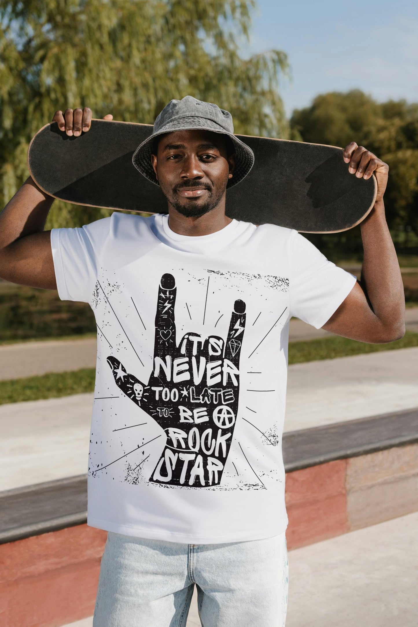 Never Too Late Rockstar T-Shirt – Rock Hand Sign Tee, Punk Style Quote Shirt, 100% Cotton DTF Printed