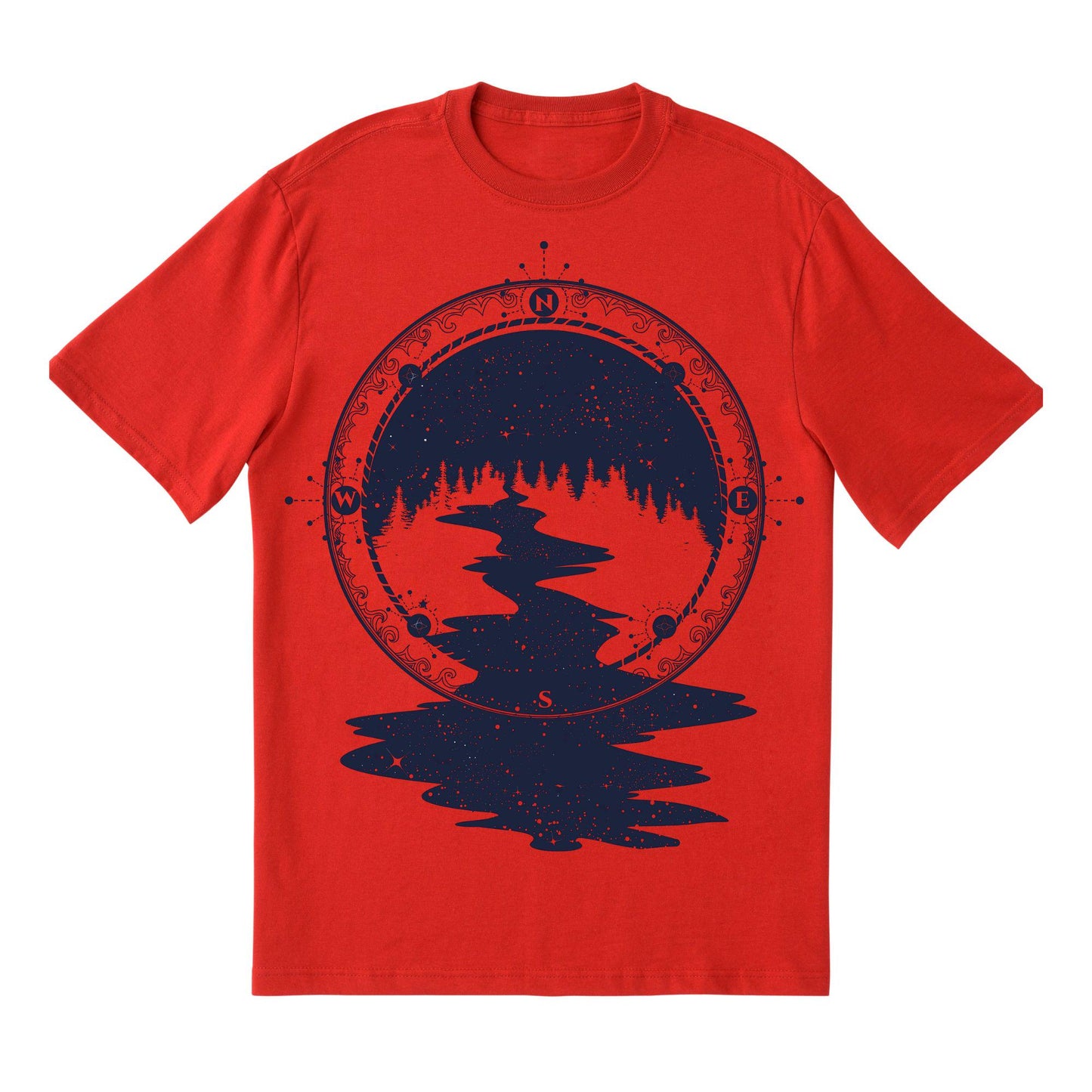 Wilderness Compass T-Shirt – Outdoor Adventure Tee with Forest and River Design, 100% Cotton DTF Printed Shirt