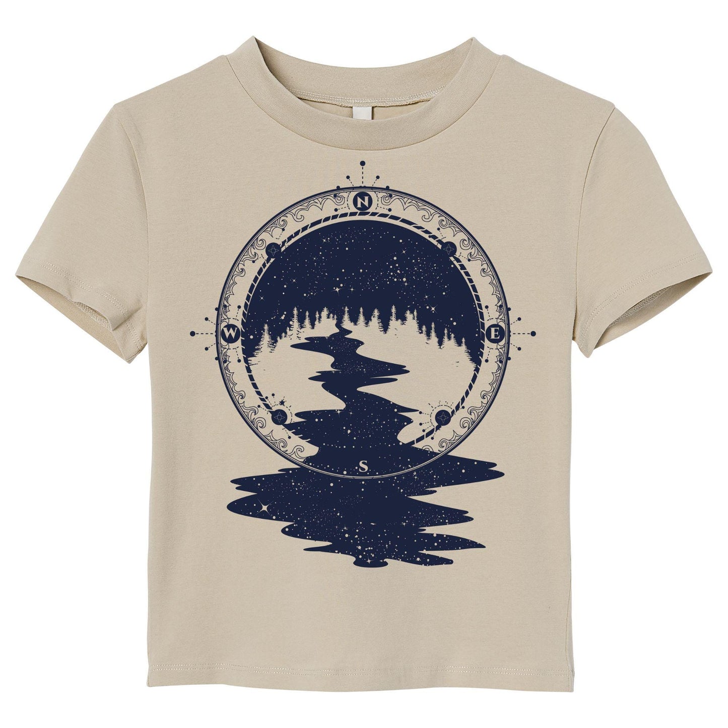 Wilderness Compass T-Shirt – Outdoor Adventure Tee with Forest and River Design, 100% Cotton DTF Printed Shirt