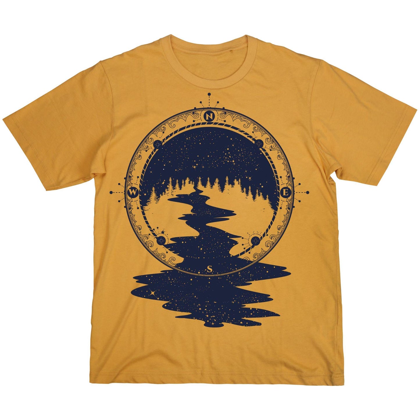 Wilderness Compass T-Shirt – Outdoor Adventure Tee with Forest and River Design, 100% Cotton DTF Printed Shirt