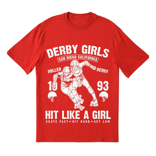Derby Girls Graphic T-Shirt – San Diego California Roller Derby – Hit Like a Girl Skater Tee – Red & White Vintage Style