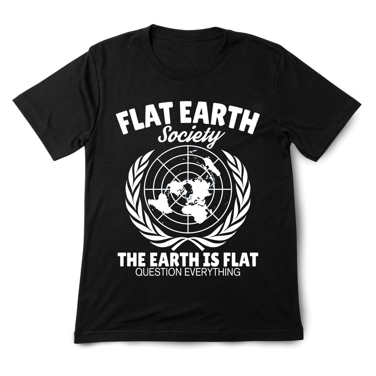 Flat Earth Society T-Shirt – Question Everything Graphic Tee, Funny Conspiracy Theory Shirt, Flat Earth Map Design