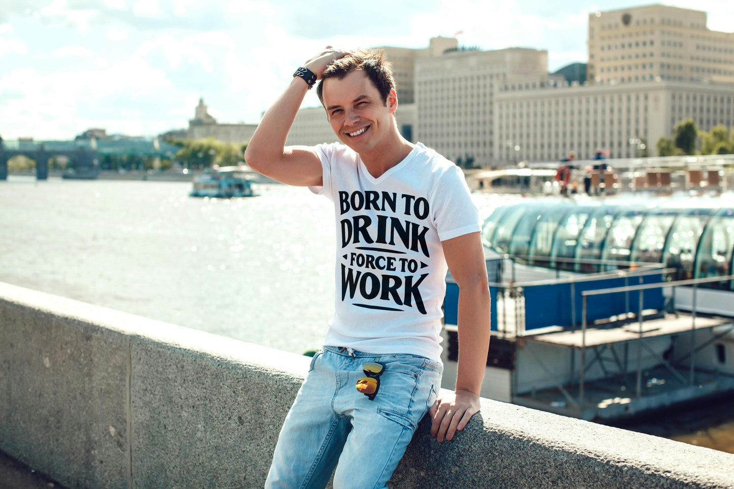 Born to Drink Forced to Work T-Shirt – Funny Quote Shirt, Drinking Humor Tee, 100% Cotton Gift