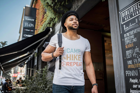 Camp Hike Repeat T-Shirt – Hiking Camping Tee, Outdoor Adventure Shirt, 100% Cotton Unisex Fit