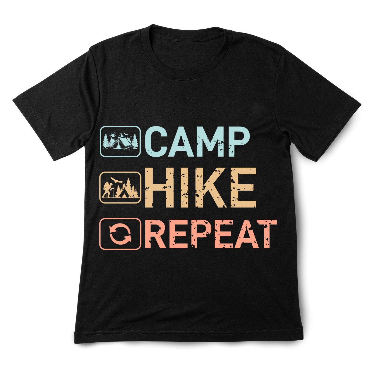 Camp Hike Repeat T-Shirt – Hiking Camping Tee, Outdoor Adventure Shirt, 100% Cotton Unisex Fit