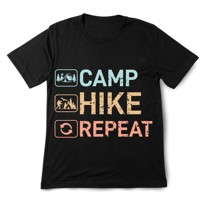 Camp Hike Repeat T-Shirt – Hiking Camping Tee, Outdoor Adventure Shirt, 100% Cotton Unisex Fit