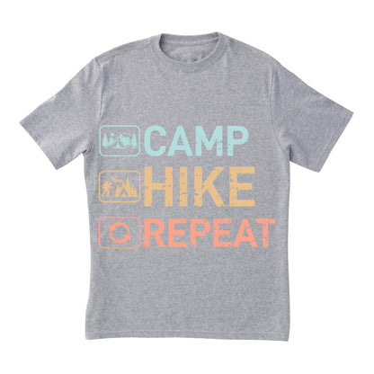 Camp Hike Repeat T-Shirt – Hiking Camping Tee, Outdoor Adventure Shirt, 100% Cotton Unisex Fit
