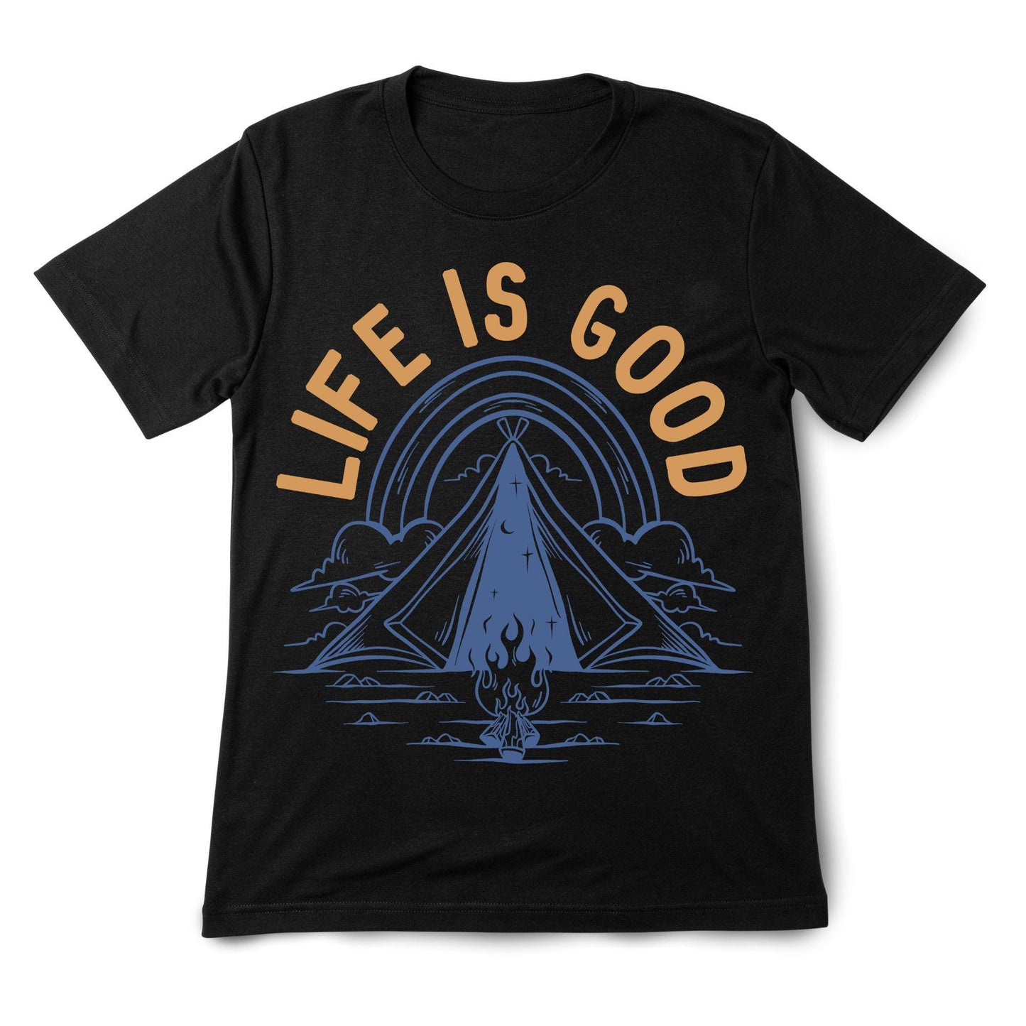 Life Is Good Camping T-Shirt – Minimalist Outdoor Tee, Tent Campfire Shirt, 100% Cotton Adventure Gift