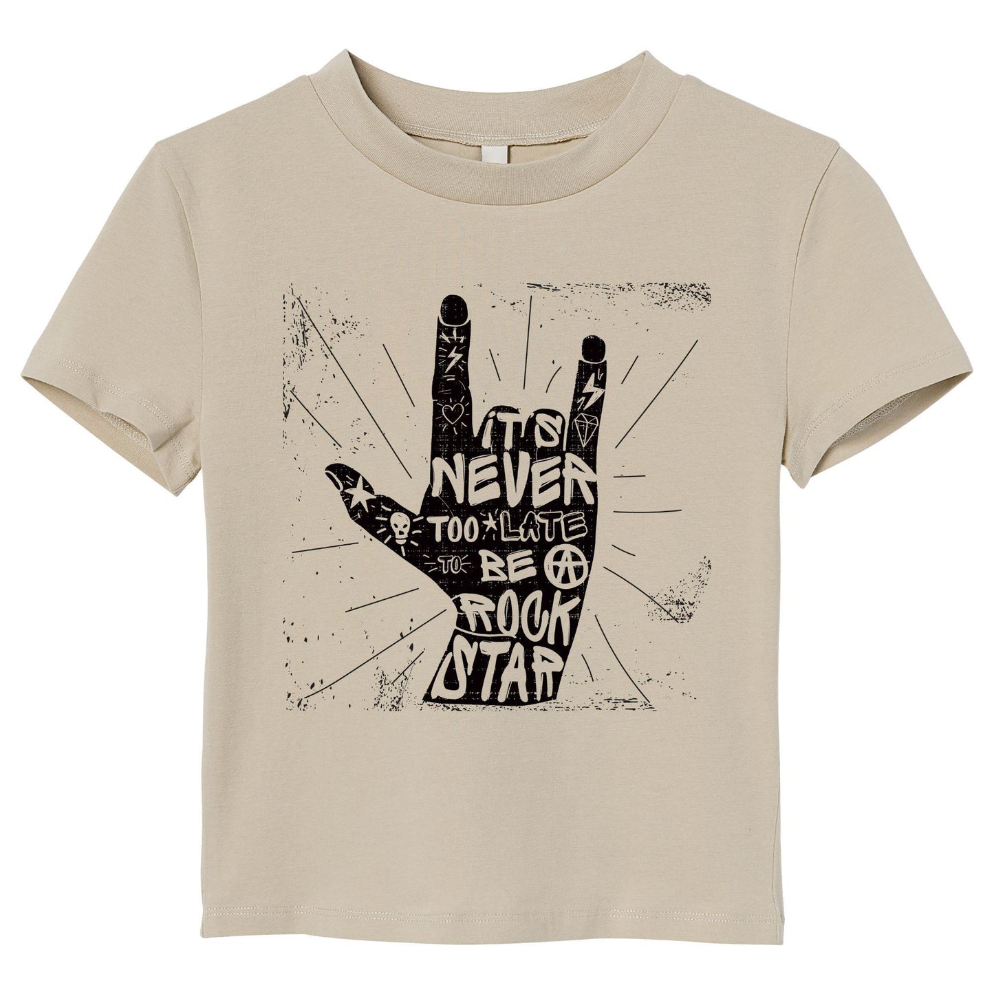 Never Too Late Rockstar T-Shirt – Rock Hand Sign Tee, Punk Style Quote Shirt, 100% Cotton DTF Printed