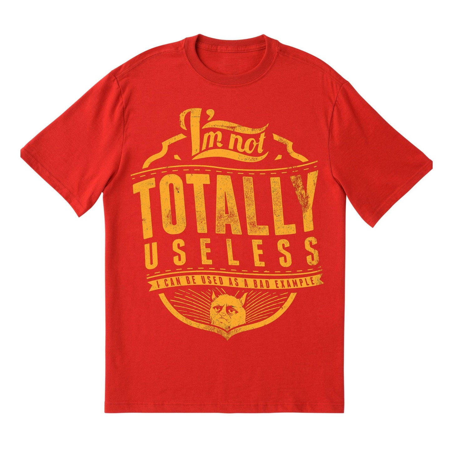 I’m Not Totally Useless Funny T-Shirt – Sarcastic Grumpy Cat Graphic Tee, Bold Red & Yellow Humor Shirt, DTF Print on 100% Cotton