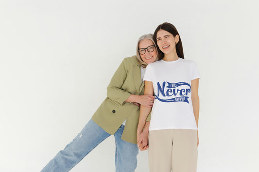 I Will Never Grow Up T-Shirt – Playful Blue Typography Tee for Adults, Fun Gift for Free Spirits, DTF Print on 100% Cotton