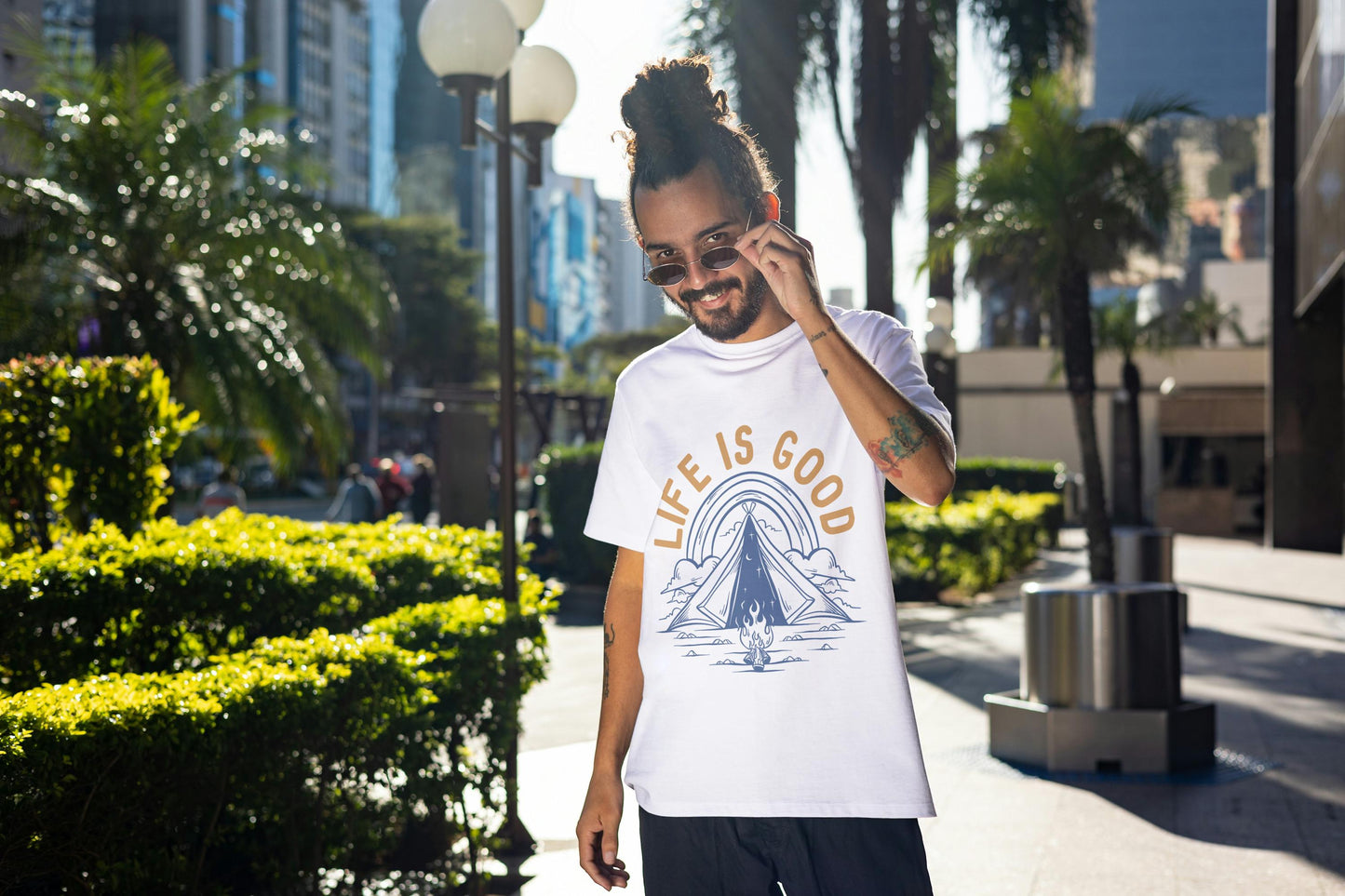Life Is Good Camping T-Shirt – Minimalist Outdoor Tee, Tent Campfire Shirt, 100% Cotton Adventure Gift