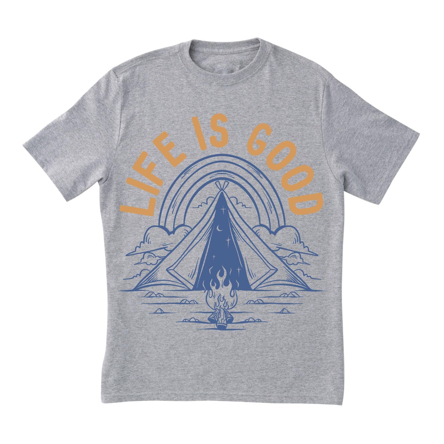 Life Is Good Camping T-Shirt – Minimalist Outdoor Tee, Tent Campfire Shirt, 100% Cotton Adventure Gift