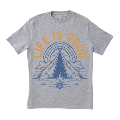 Life Is Good Camping T-Shirt – Minimalist Outdoor Tee, Tent Campfire Shirt, 100% Cotton Adventure Gift