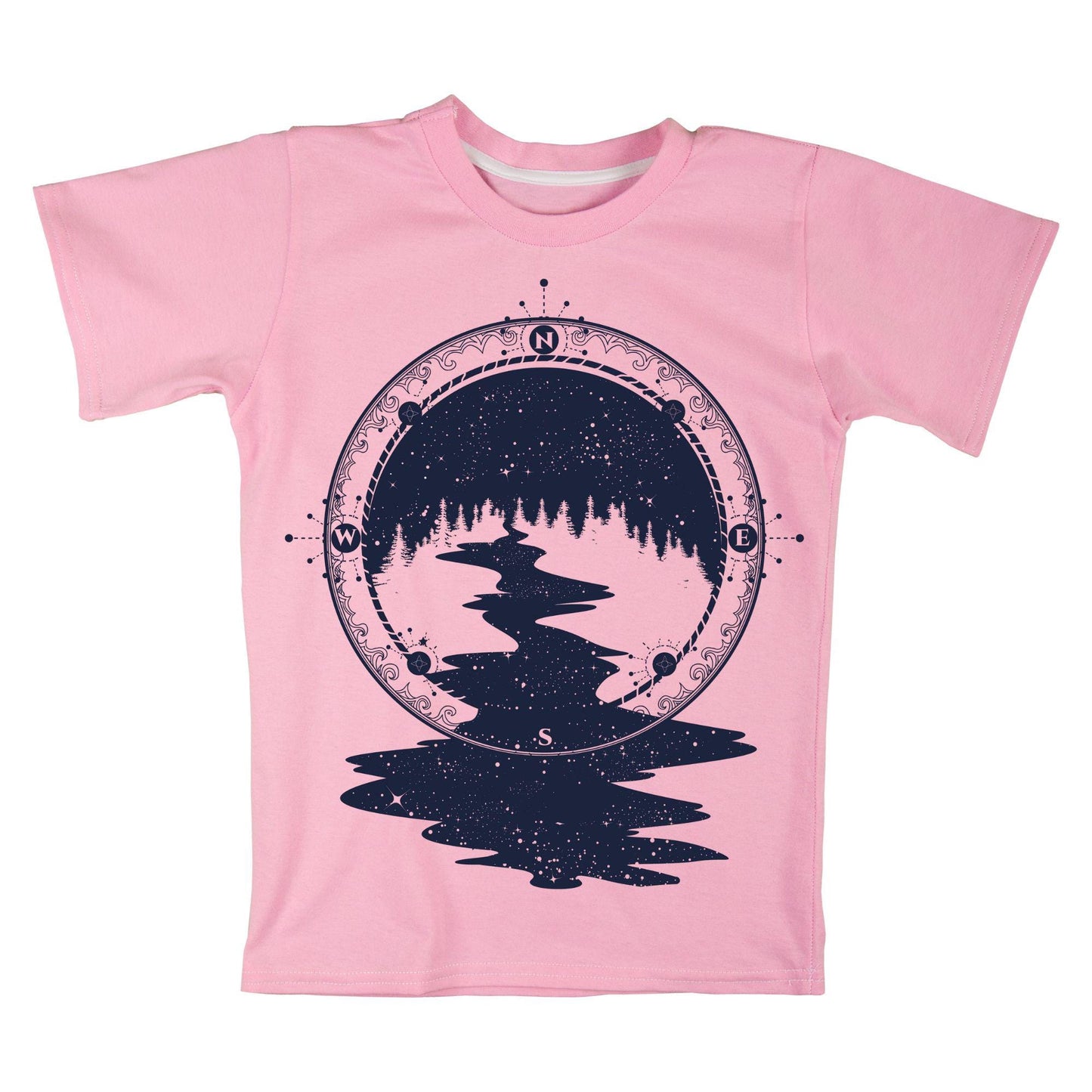 Wilderness Compass T-Shirt – Outdoor Adventure Tee with Forest and River Design, 100% Cotton DTF Printed Shirt