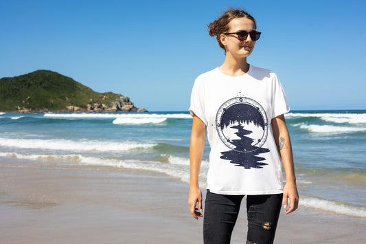 Wilderness Compass T-Shirt – Outdoor Adventure Tee with Forest and River Design, 100% Cotton DTF Printed Shirt
