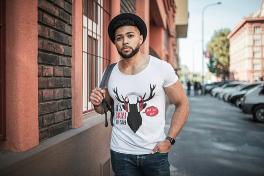 It’s Okay to Say Ho Ho Ho T-Shirt – Funny Holiday Reindeer Headphones Shirt, Christmas Humor Tee, 100% Cotton DTF Print