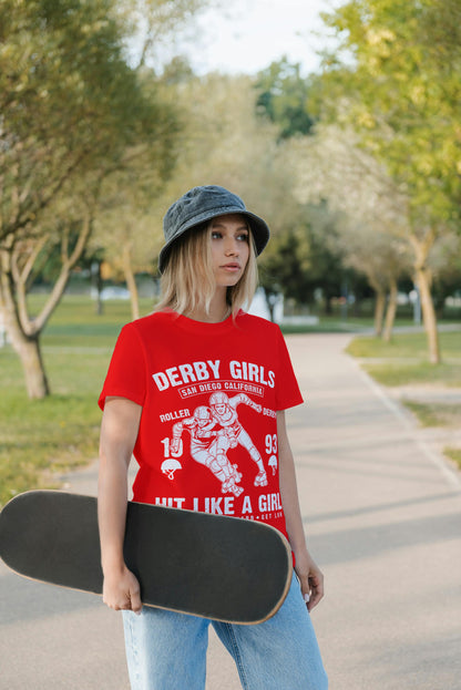 Derby Girls Graphic T-Shirt – San Diego California Roller Derby – Hit Like a Girl Skater Tee – Red & White Vintage Style