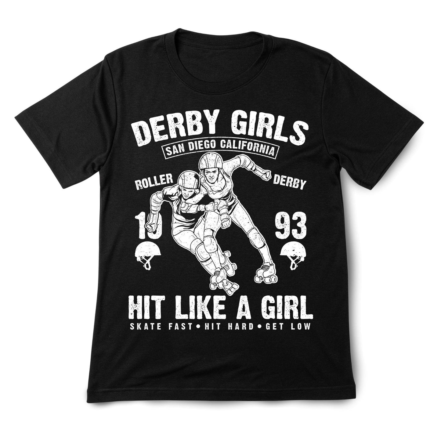 Derby Girls Graphic T-Shirt – San Diego California Roller Derby – Hit Like a Girl Skater Tee – Red & White Vintage Style