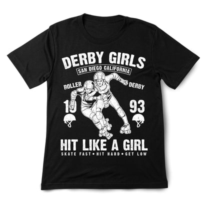 Derby Girls Graphic T-Shirt – San Diego California Roller Derby – Hit Like a Girl Skater Tee – Red & White Vintage Style