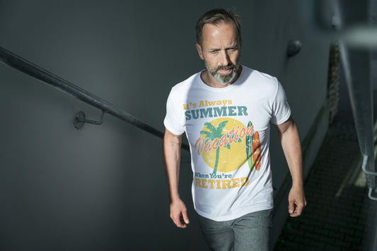 It’s Always Summer Vacation When You’re Retired T-Shirt | Funny Retirement Gift | Tropical Beach Holiday Tee for Retirees