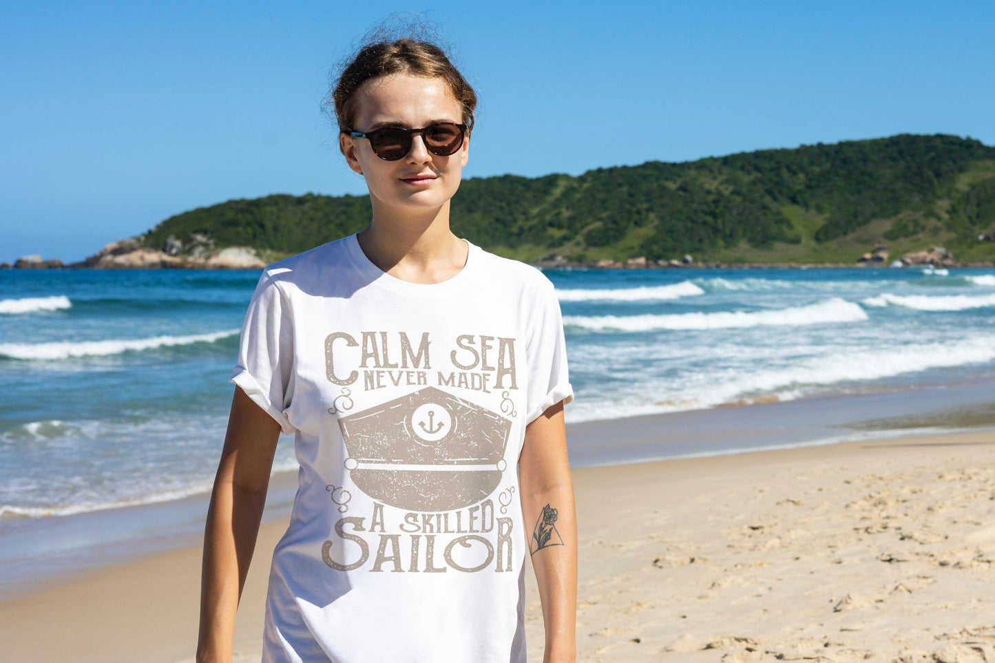 Calm Sea Never Made a Skilled Sailor T-Shirt – Nautical Quote Shirt, Captain Hat Graphic Tee, Sailing & Boating Gift