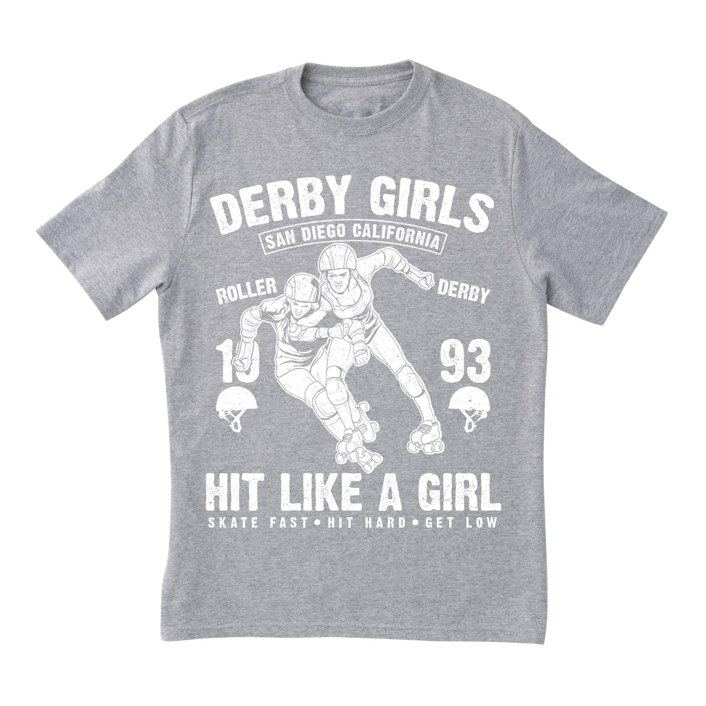 Derby Girls Graphic T-Shirt – San Diego California Roller Derby – Hit Like a Girl Skater Tee – Red & White Vintage Style