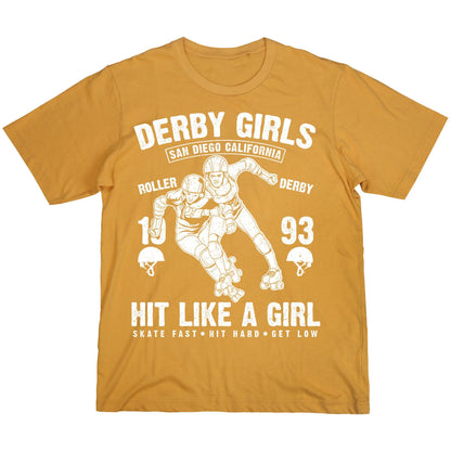 Derby Girls Graphic T-Shirt – San Diego California Roller Derby – Hit Like a Girl Skater Tee – Red & White Vintage Style