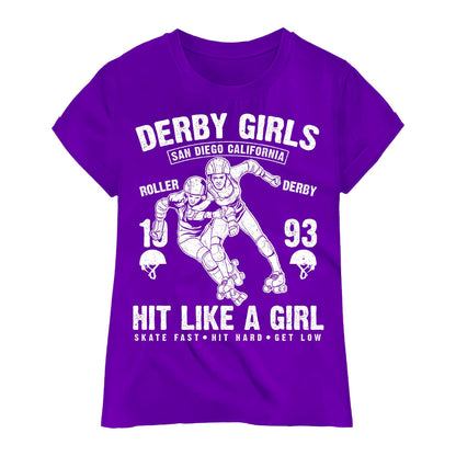 Derby Girls Graphic T-Shirt – San Diego California Roller Derby – Hit Like a Girl Skater Tee – Red & White Vintage Style